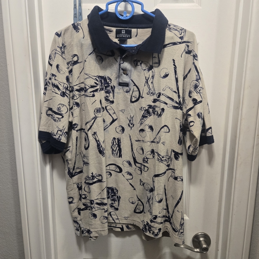 Givenchy Navy and Beige Graphic Vintage Polo Shirt Size L